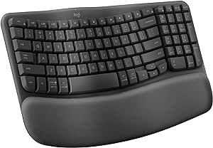 Teclado Ergonômico sem fio Logitech Wave Keys com Design Ondulado, Suporte para Descanso de Pulso Acolchoado, Bluetooth ou Receptor USB Logi Bolt, Compatível com Windows/Mac e Layout US – Grafite